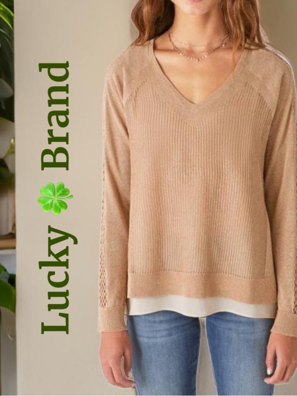 Lucky Brand Metallic‎ Mixed Media Linen Blend V Neck Sweater tan Size medium